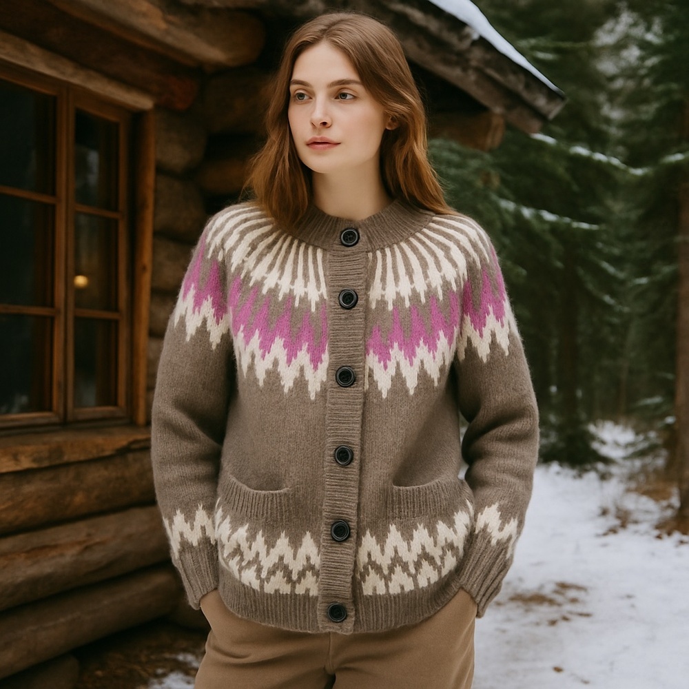 Abercrombie & Fitch Gray Pink Wool Fair Isle Nordic Cardigan Cozy Winter S